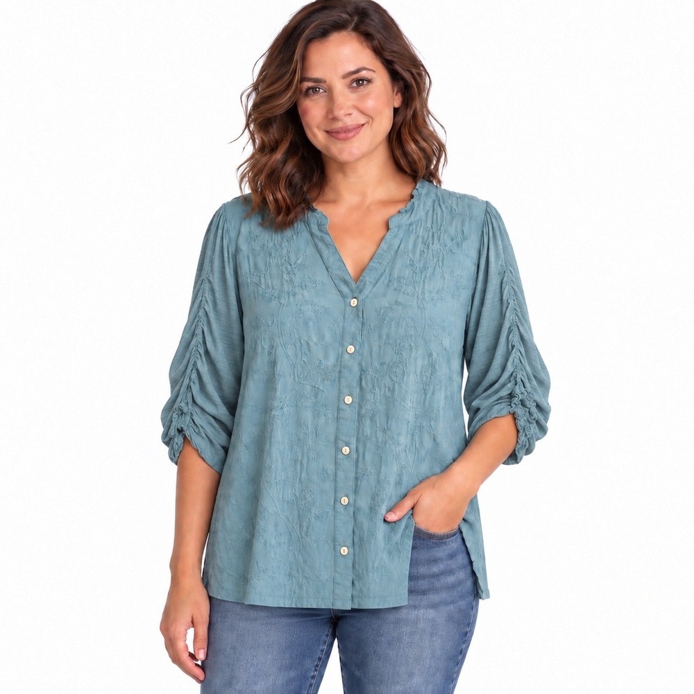 Democracy 2X Green Embroidered Top Ruched Sleeve Button Down Boho Tunic
